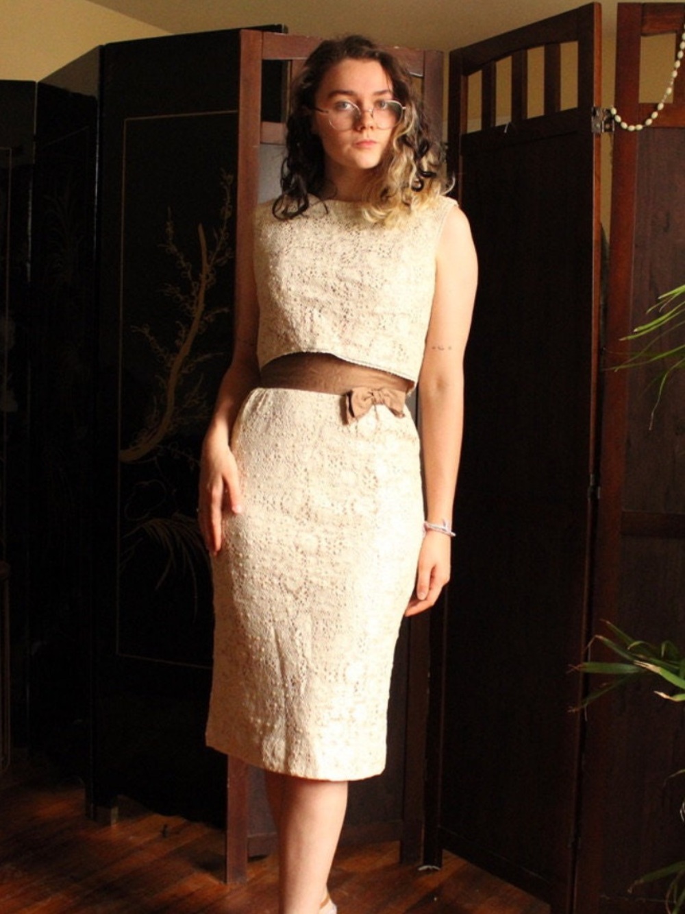 1950s Union Made Vintage Carol Craig dress sleeveless crochet lace knee length